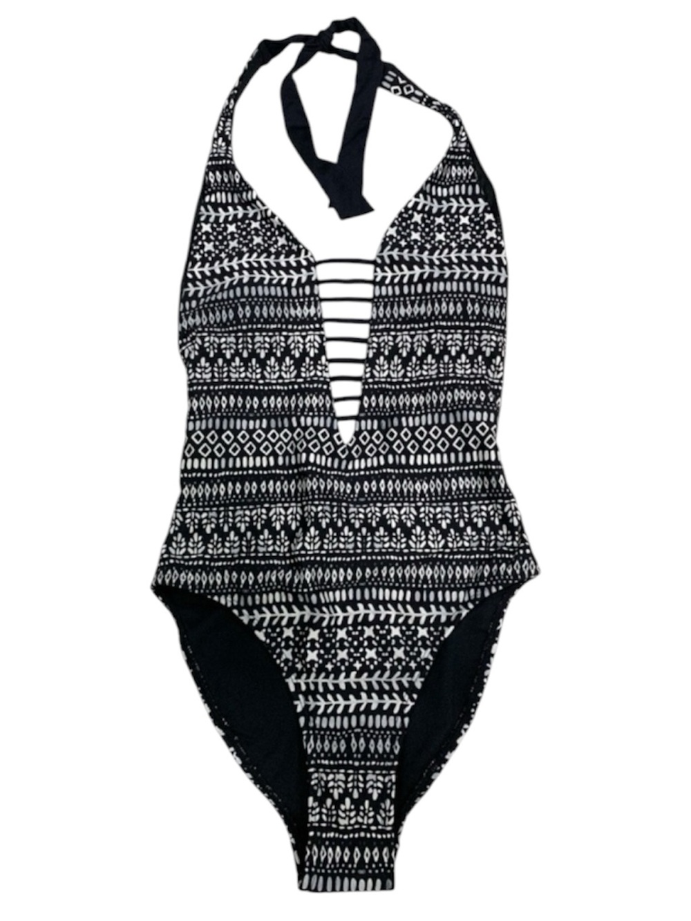 Swim Systems Black White Halter One Piece Swimsuit Plunge NWT